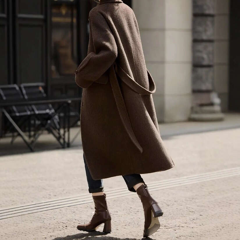 Women's Autumn Winter New Arrival Ladies Woolen Coat Streetwear Fashion Casual Lace-Up Long Slim Fit Outerwear B5