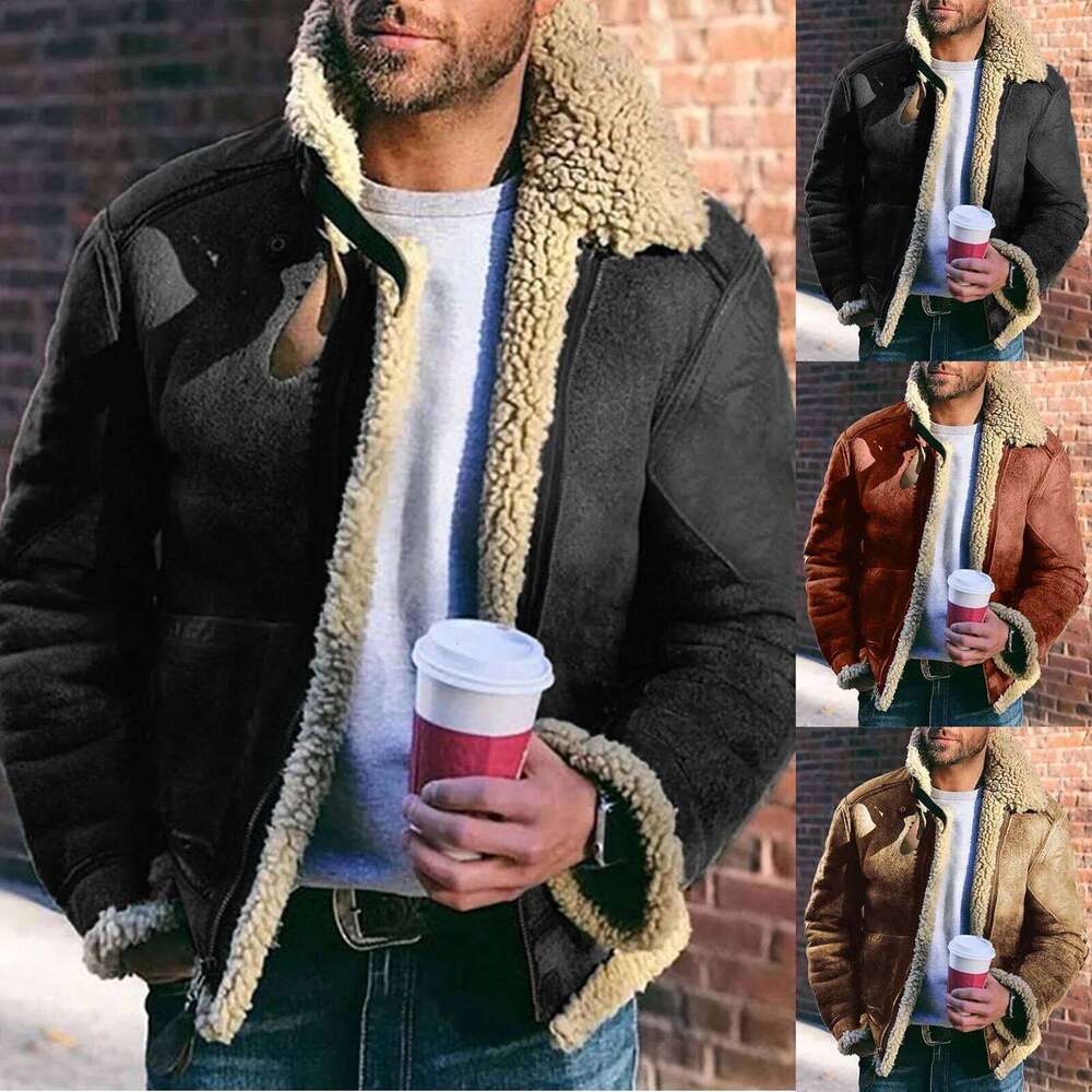 Men's Casual Plush Solid Color Zipper Wool Warm Long Sleeve Turn-down Collar Coat Jacket With Pockets Down Cotton