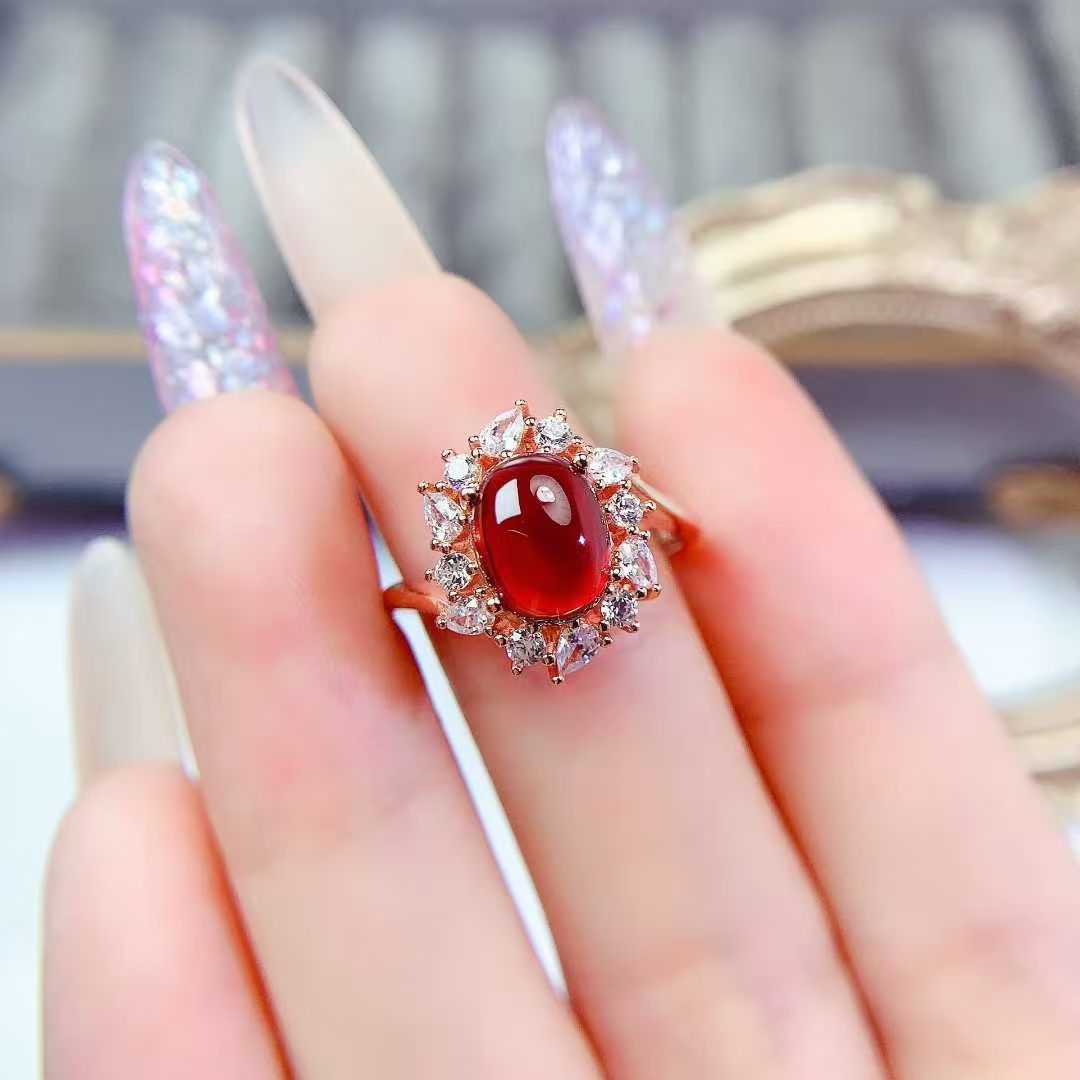 Cabochon garnet ring real 925 silver gemstone jewelry with 18K gold plating 7mm*9mm natural garnet ring with certificate