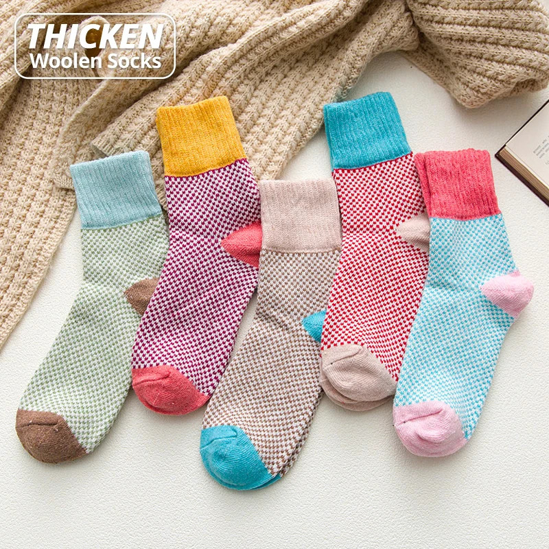 HSS Thicken Women Winter Socks Warm Rabbit Wool Girls Sox High Quality Cotton Casual Harajuku Stars Pattern socks 5Pairs 251017