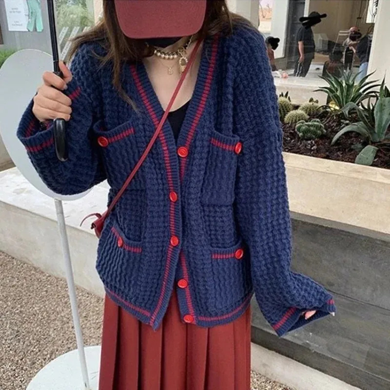 Fashion Vneck Loose Fit Color Blocked Long Sleeve Womens Knitted Coat Spring Autumn Versatile Lazy Style Casual Lady Cardigan 251013