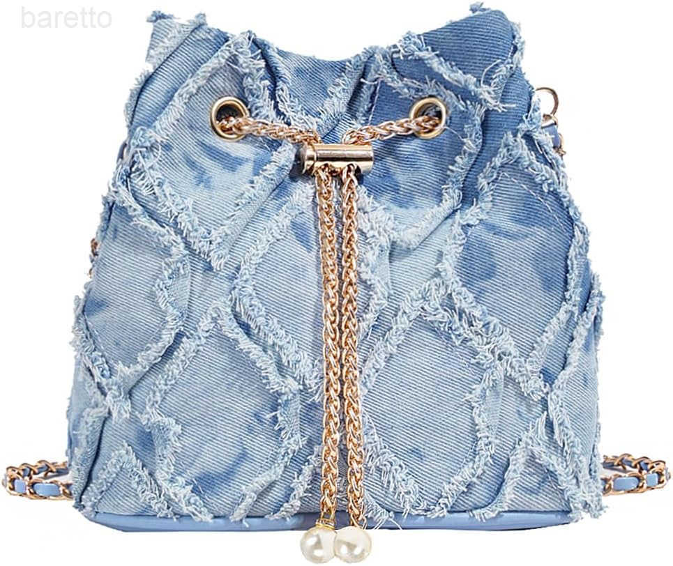 Denim Bucket Bag Quilted Drawstring Shoulder Handbag Jean Crossbody Purses Hobo Handbag with Chain Strap Z251017