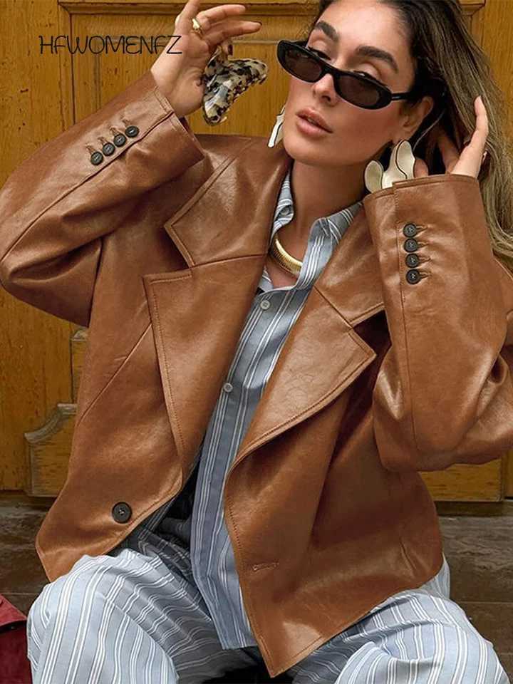 Casual PU Leather Jackets Women Fashion Solid Turndown Collar Full Sleeve Loose Open Stitch Coats Female 2025 Autumn Lady CoatT251017