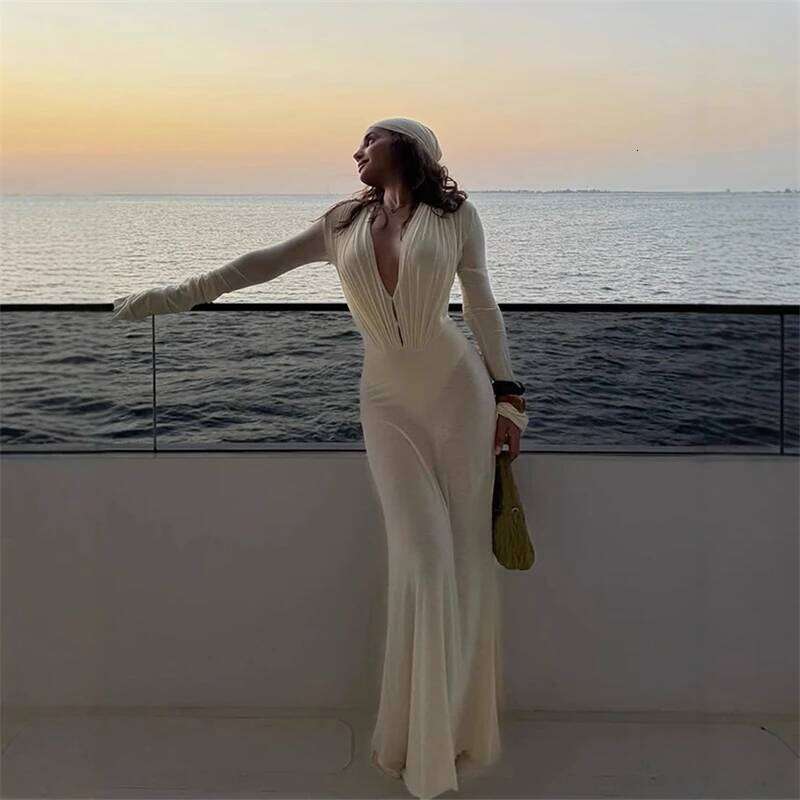 Solid Deep V-neck See Through Dress For Women Sexy Pleated Full Sleeve Slim Fit Long Dresses 2025 Summer Holiday Party Vestidos