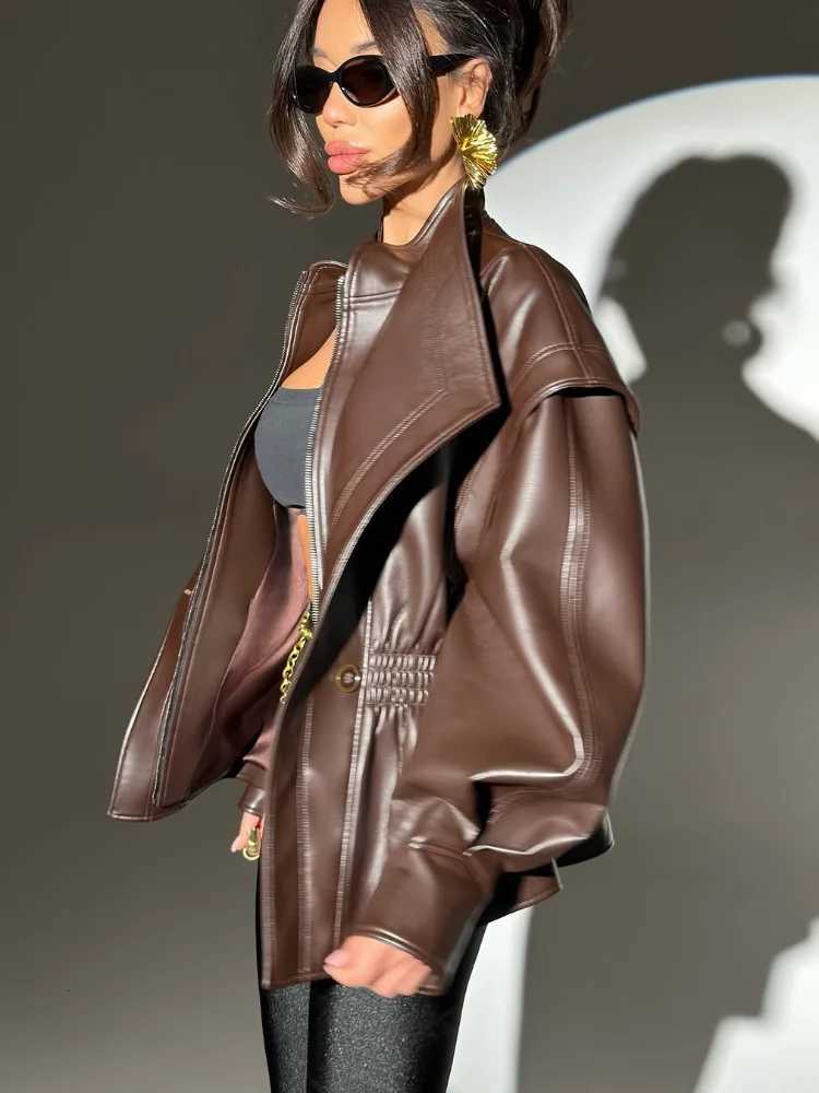 2025 Elastic Waist Cinching Brwon Leather Jacket Women Casual Lapel Zipper Pu Coat Lady New Autumn Outdoors Highstreet OutwearT251017