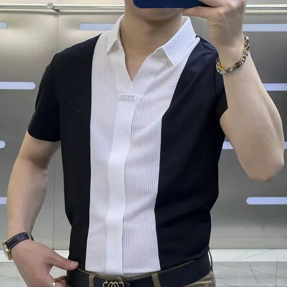 Men Summer Shirt Short Sleeves Turndown Collar Solid Color Slim Fit Patchwork Soft Breathable Formal Business Style Men Top J251017