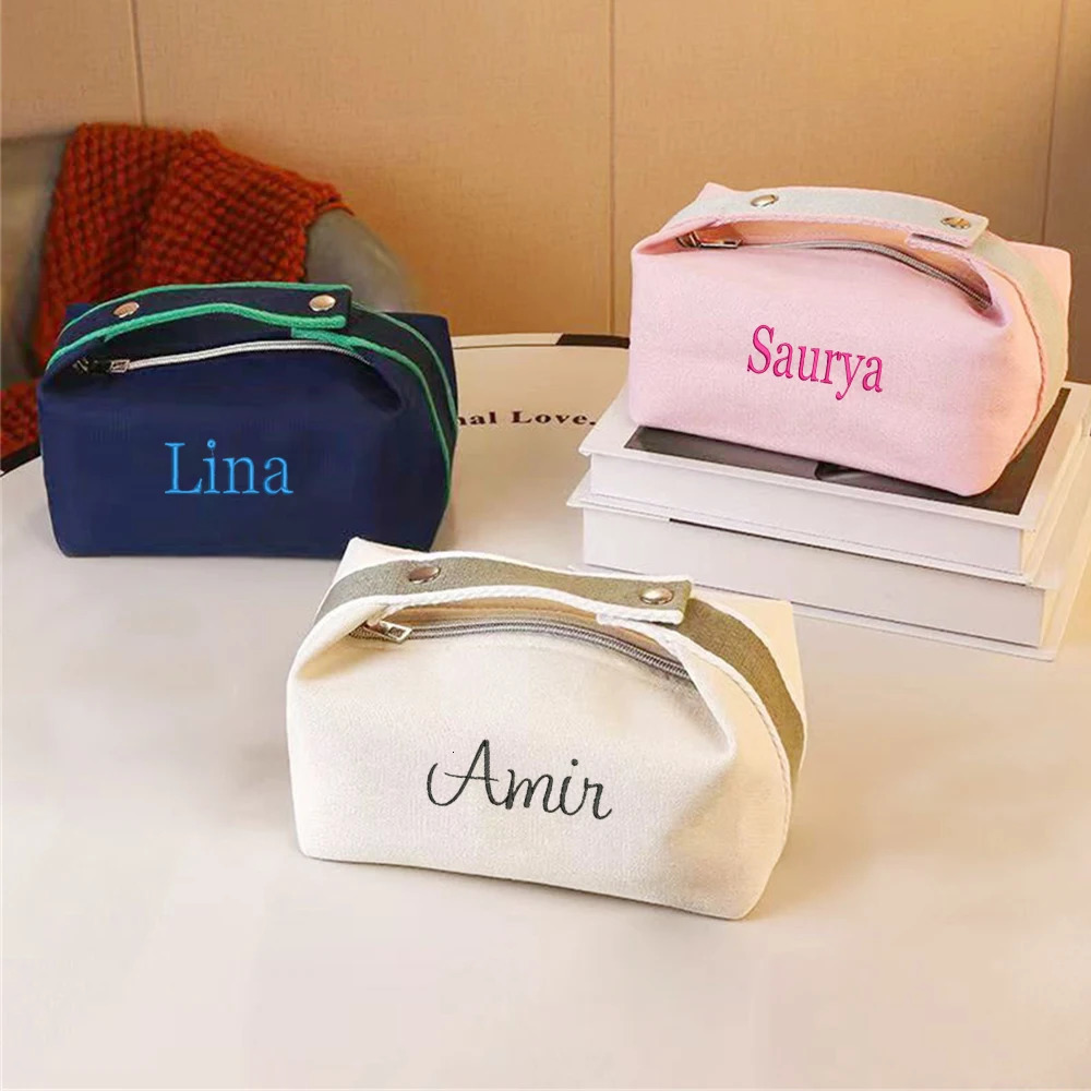 Custom Embroidered Name Simple Portable Handheld Canvas Bag Personalized Womens Makeup Bag Waterproof Storage Bag Toiletry Bag251011