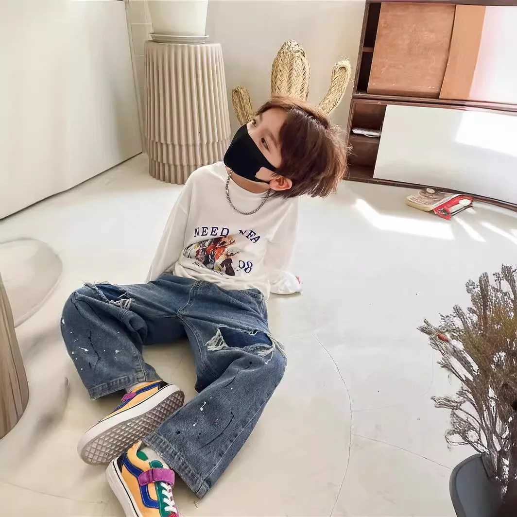 2025 New Spring Kids Pants Ripped Jeans Fashion Korean Simple Style Baggy Wide Leg CowboyT251017