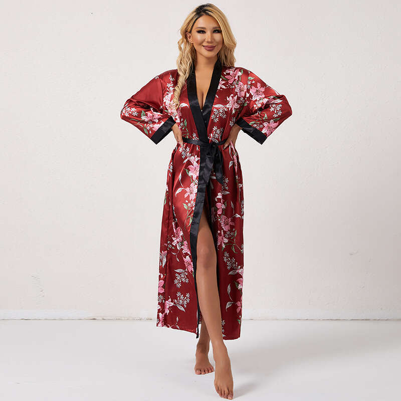 Lightweight Breathable Tie Sleepwear Pink Floral Print Pattern Fashion Robe Casual Comfortable Women's Loungewear