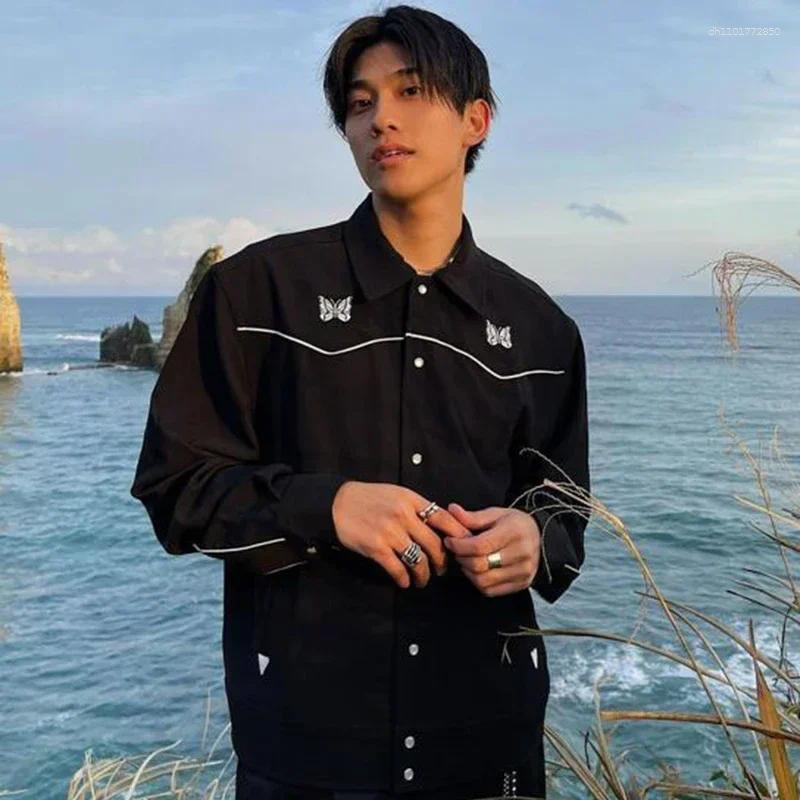 Men's Jackets Leisure Arrival Long Sleeve White Embroidery Lapel Collar Button Oversize Men Women Black Jacket