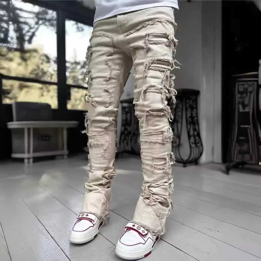 Mens Straight Leg Jeans Faionable Streetwear Elastic Patchwork Denim Long Trousers mid Waist Zipper Closure Cotton Blend Y251105
