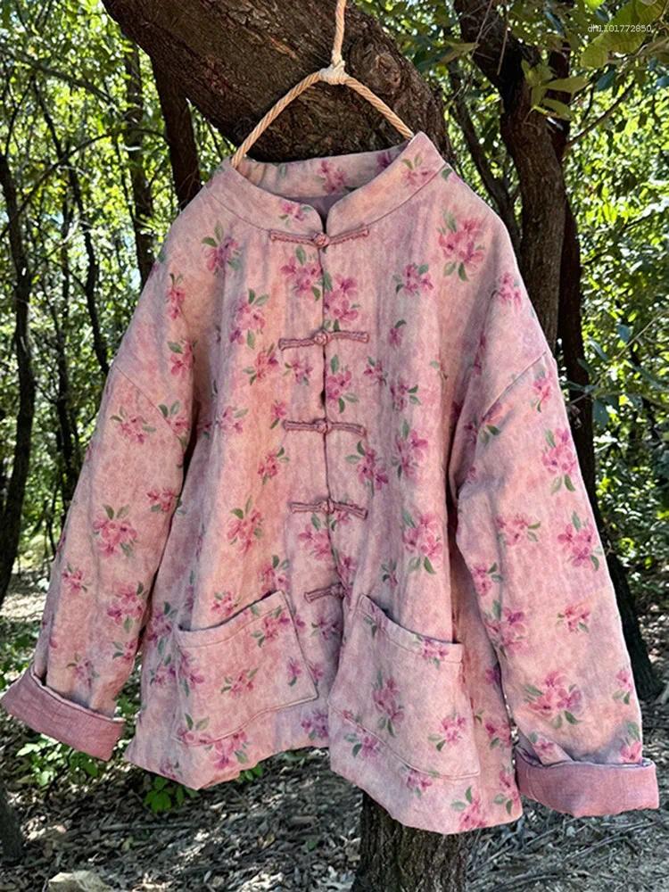 Women's Jackets Thick Warm Cotton Linen Casual Coats Women 2025 Autumn Chinese Style Vintage Floral Print Loose Female Padded M176