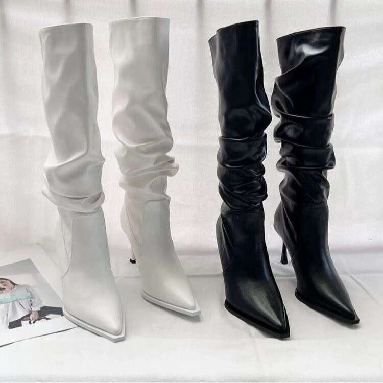 Pointy Pleated High Women's Hipster Skinny Pile Boots High Heels Above The Knee