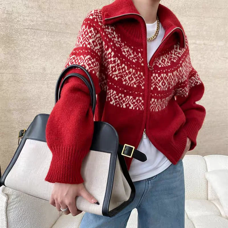 Korean Double Zipper Retro Christmas Jacquard Womens Knitted Cardigan Autumn Winter Fashion Turn Down Collar Casual Sweater 251013