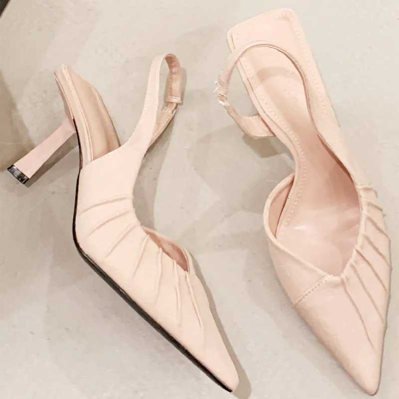 Flannel Pleated Pointed Toe High Heels Women Simple Buckle Strap Thin Heeled Sandals Summer Elegant Outdoor Casual Office Shoes Z251015
