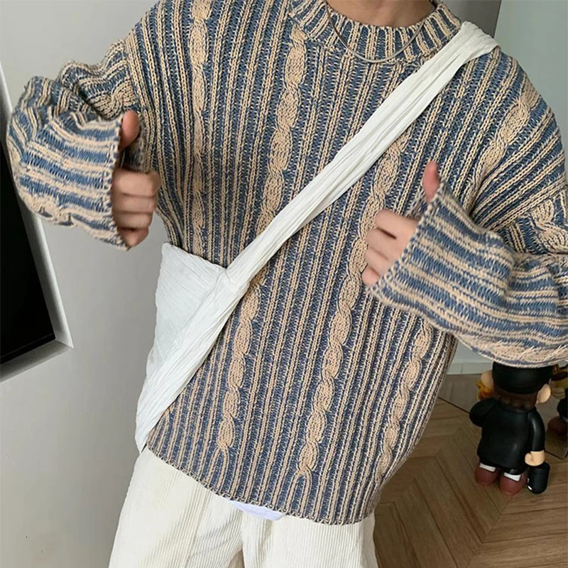 Fashionable Striped Knitting Sweaters Men Autumn Streetwear Y2K Loose O Neck Long Sleeve Knit Tshirts Mens Vintage Sweater Tops 251017
