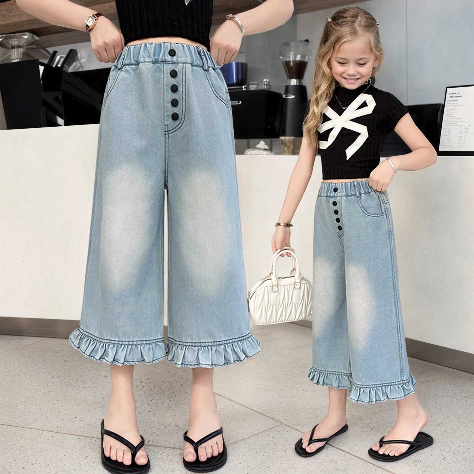 Girls summer fivepin lace sevenpoint denim wideleg pants 2025 summer slim casual and fashionable straightleg pants 515 yearT251017