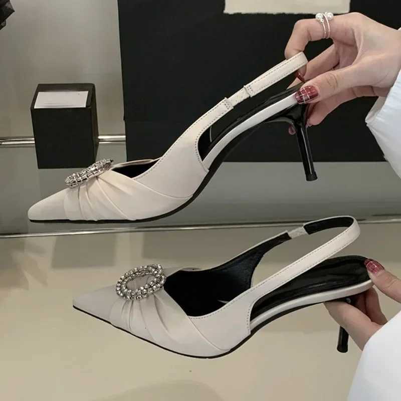 Luxury Design Rhinestone Buckle Women Pumps Cozy Silk Pointed Toe Party Prom Shoes Slingback High Heels Mules Heeled Sandals Z251015