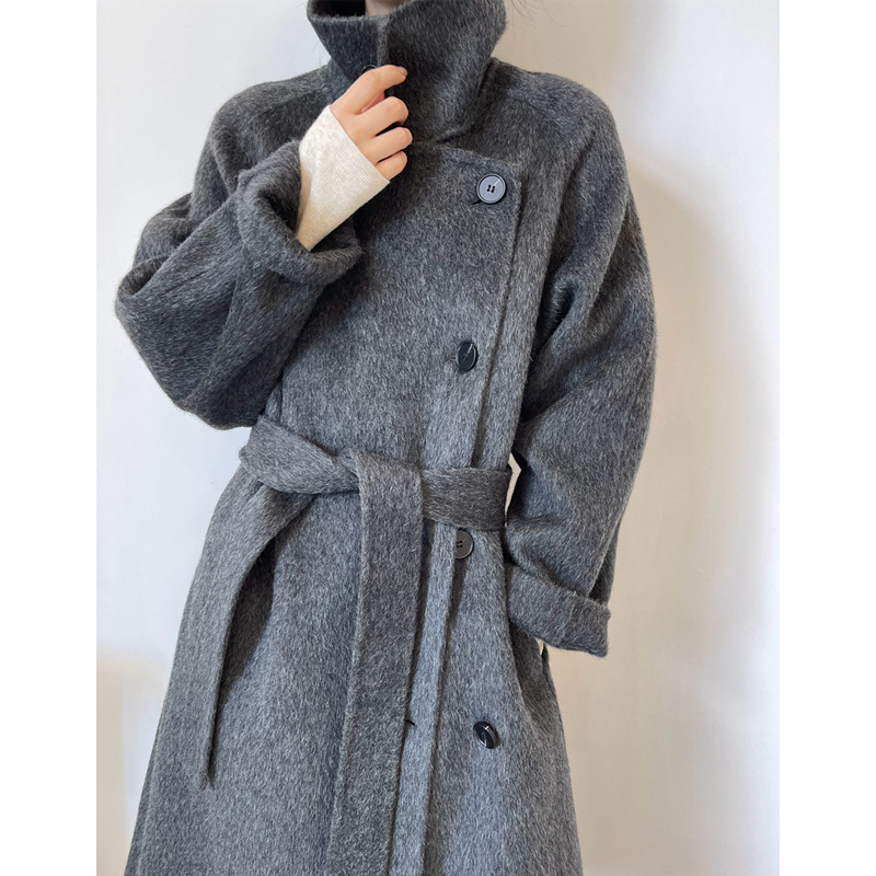 Jue Dai Di Mi 2025 Autumn New Double-Sided Velvet Coat Mid-Length Stand Collar Woolen Double-Breasted Jacket for Women