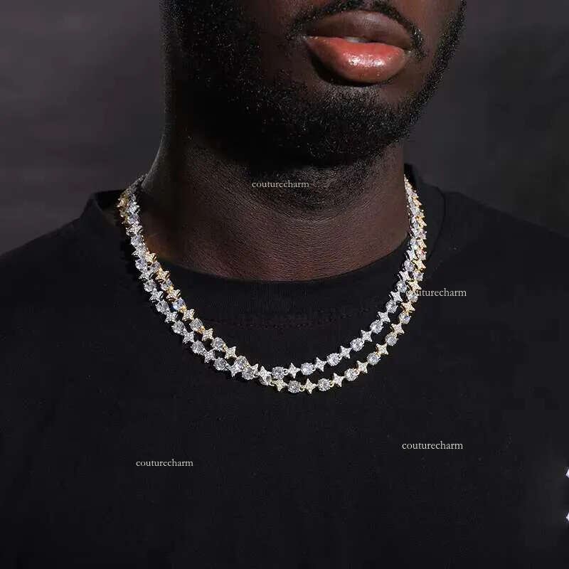New Design Sparkling Mens Womens 6mm Sterling Sier VVS Moissanite Dia Iced Out Star Tennis Chain Necklace