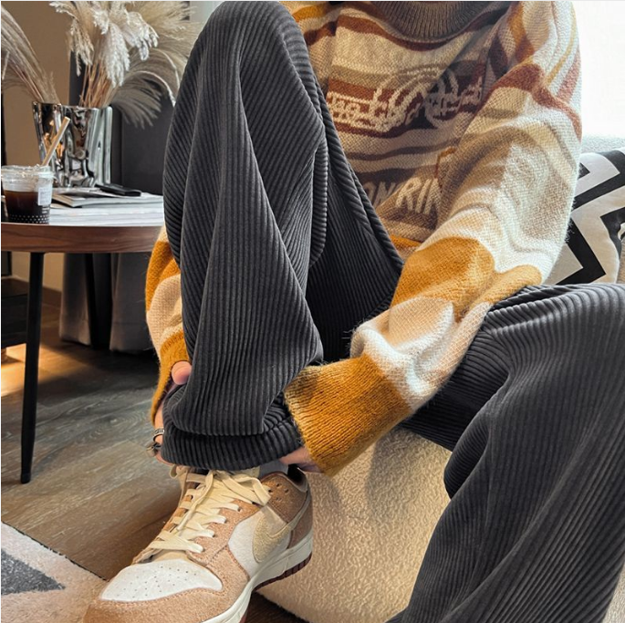 Corduroy pants for men, spring and autumn fashion brand American wide-leg pants with a sense of drape, loose straight-leg pants, casual long
