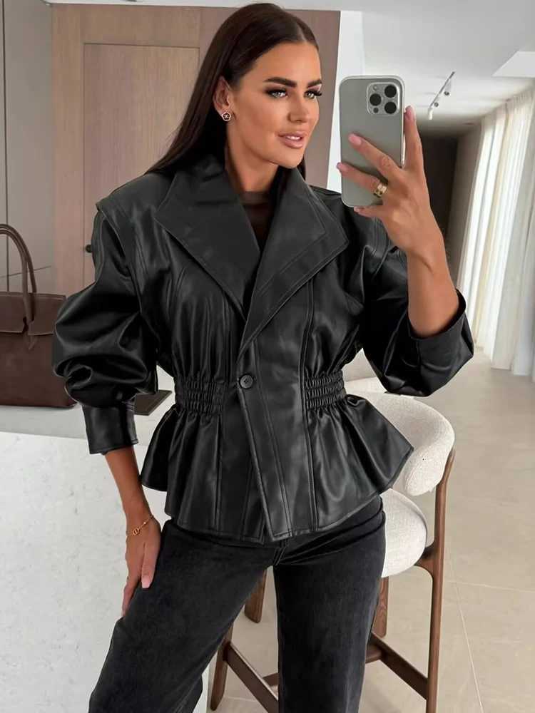 Autumn Winter Womens High Colar Pu Leather Jacket Retro Loose Sleeve Fashion Zipper Coat High Street Elastic Waist StreetwearT251017