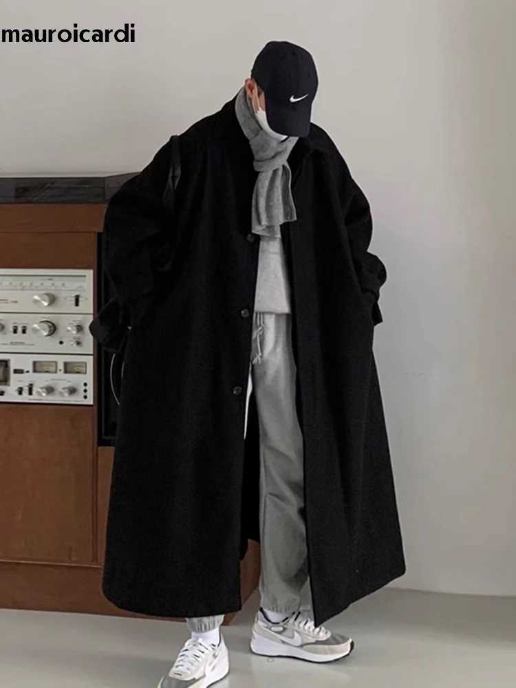 Mauroicardi Autumn Winter Long Warm Grey Black Slouchy Woolen Coat Men Single Breasted Loose Casual Wool Blends Overcoat 2023 J251017