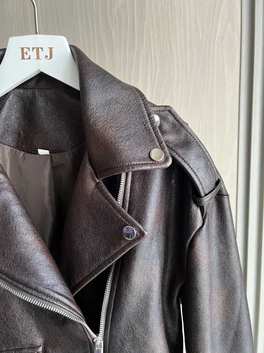 ETJ 2025 FallWinter New Arrivals Womens Faux Leather Biker Jacket Long Sleeve Collarless Short Coat 3046325T251017