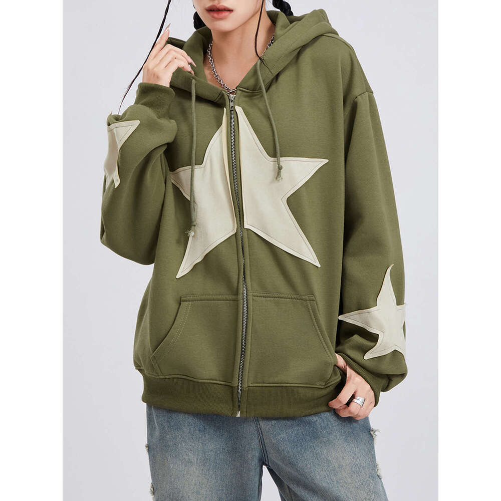 Women's Casual Print Jacket - Long Sleeve Zip-Up Drawstring Hoodie, Olive Green With Beige Star Panels, Polyester Blend, Hine Washable, All-Seaso