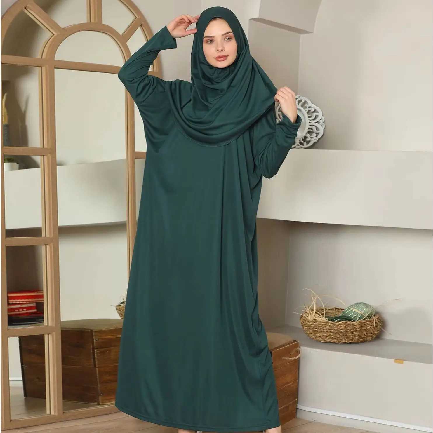 Modest Hooded Prayer Dress Muslim AbayasFull Sleeve Onepiece Kaftan Women Ramadan Jilbabs Hijab Dresses Islamic Clothing W251016