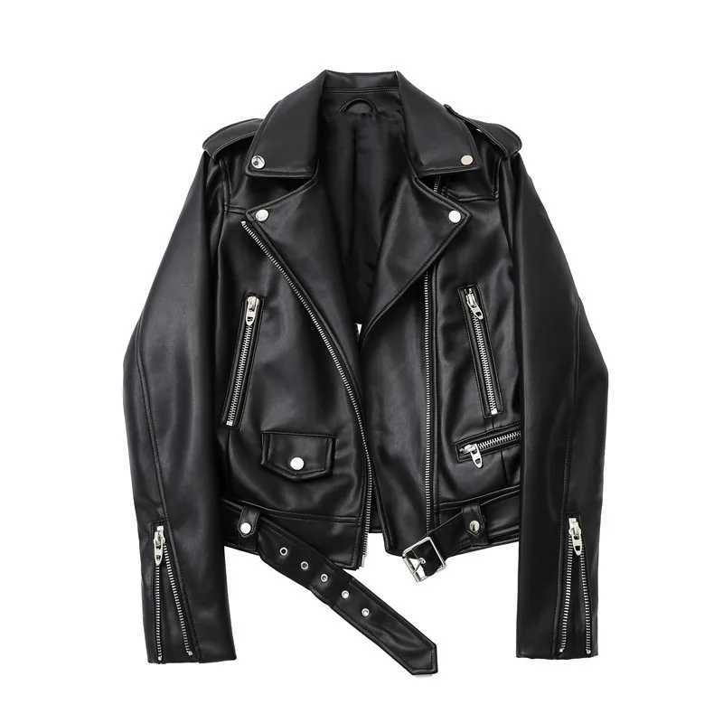ZVRI Spring and Autumn 2023 New faux leather PU jacket with belt womens lapel motorcycle jacket black zip biker jacketT251017