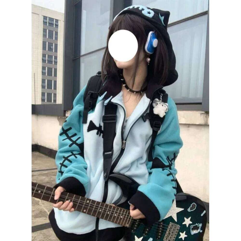 Contrast Color Kawaii Fish Bone Hoodies Women Vintage Y2k Aesthetic Oversized Streetwear Hoody Grunge Zipper Sweatshirt