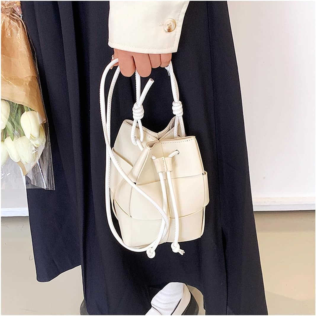 Mini Woven Bucket Bag for Women PU Leather Small Hobo Handbag Square Lattice Drawstring Crossbody Handbags Soft Z251017