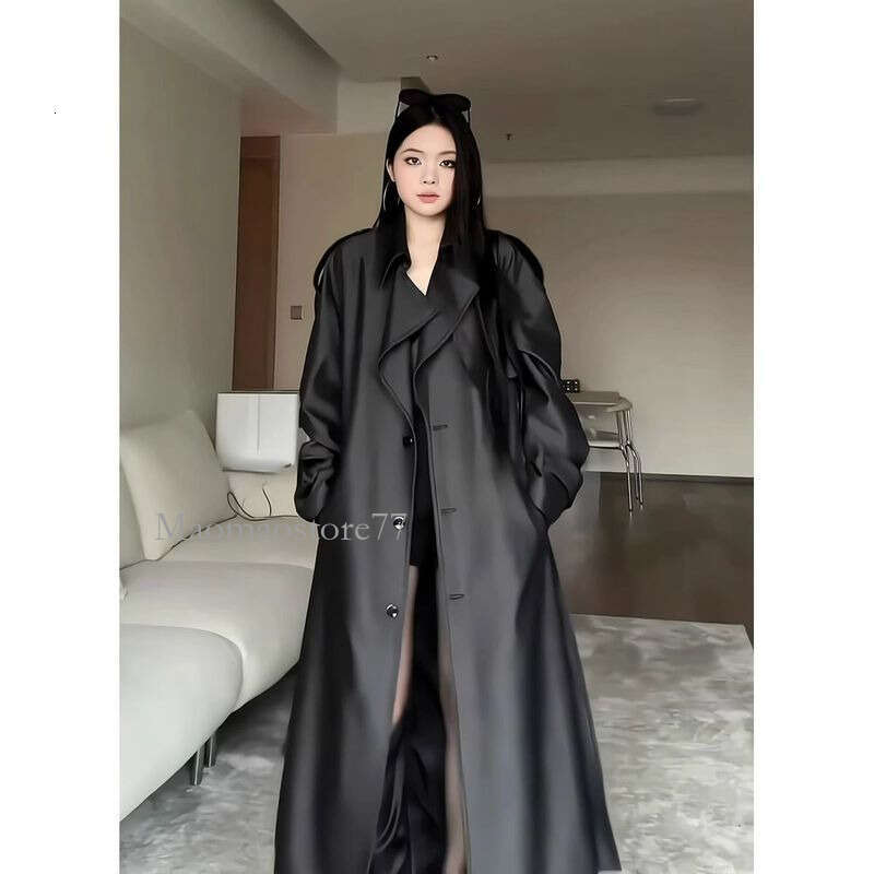 Plus 150Kg Ultra Slimming Long PU Leather Trench For Women Spring Autumn Large Size 220 Loose Turn-Down Collar Over-Knee winter jacket women