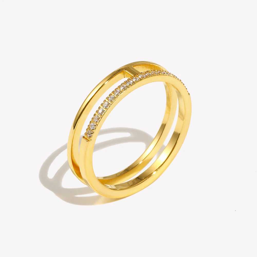 EBbelle Minimalist Style Double Layer Rhinestone Ring Basic Stack Jewelry Stainless Steel 18k Gold Plated For Girls Party Z251017