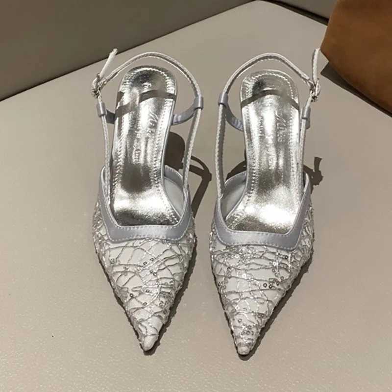 Sexy Pointed Toe Gingham Design Buckle Strap High Heels Golden Crystals Mesh Heeled Sandals Women Summer Luxury Party Dress Shoe Z251015
