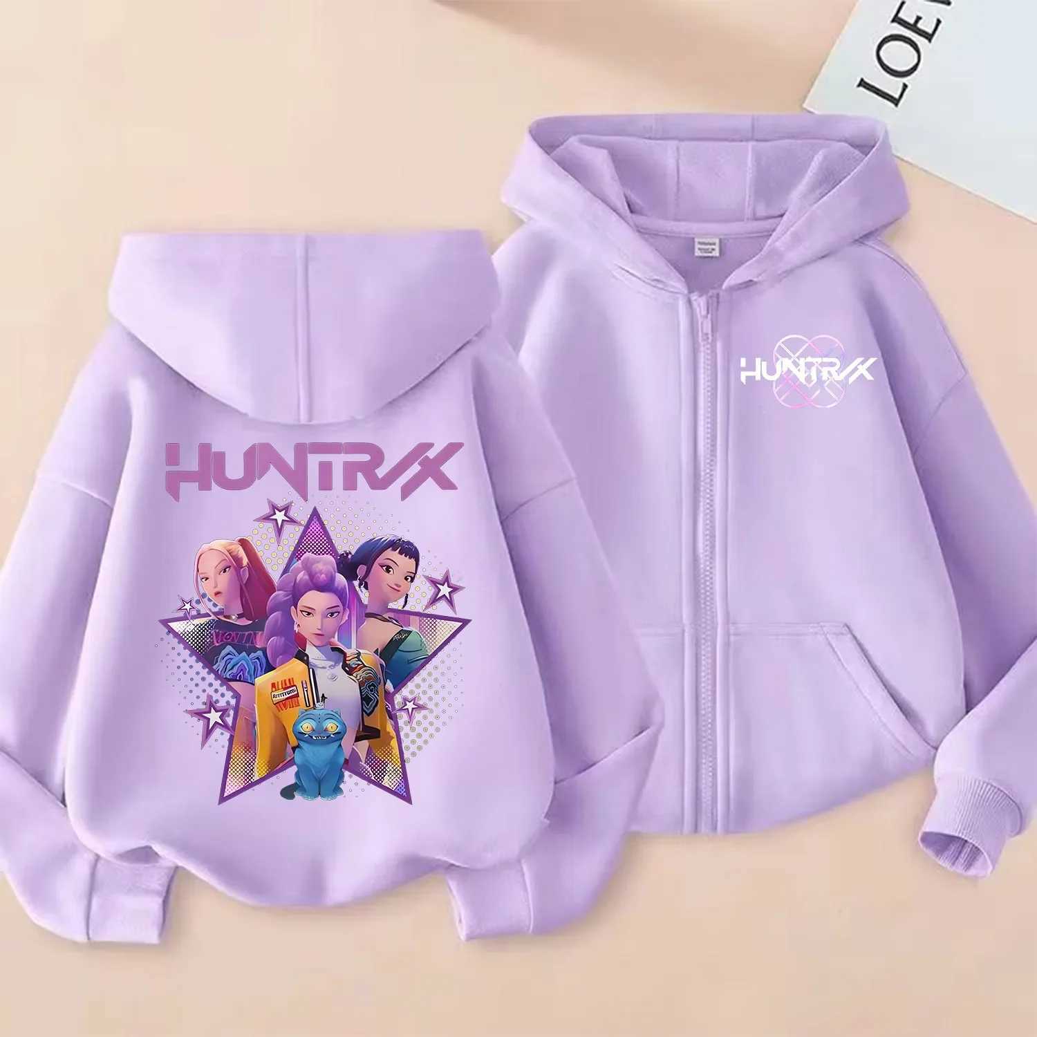 KPop Demon Hunters Zipper Hoodie Girls Coat Fashion Thin Clothes Purple Autumn Hoodie Jacket Kids Anime Sweatshirt Gift C251017