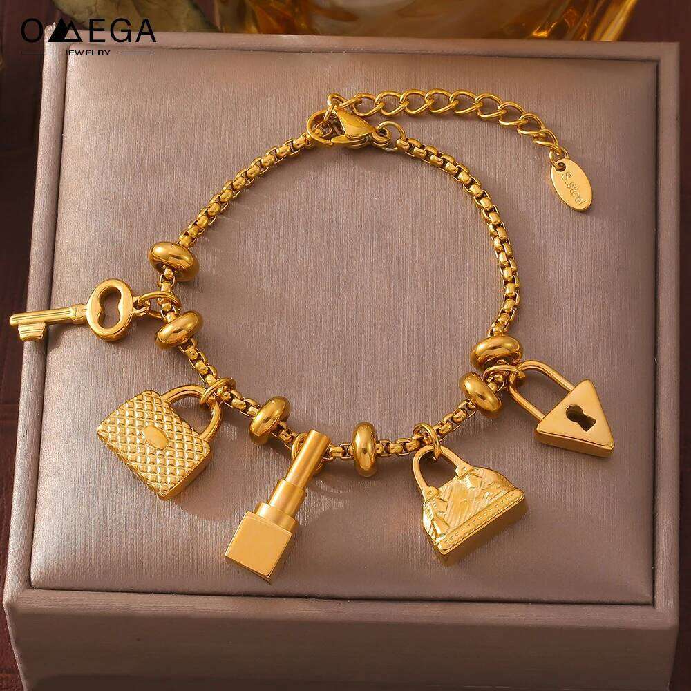 316L Stainless Steel Charm Bracelet For Women Gold Plated Waterproof No Tarnish Women's Multiple Different Pendant Bracelets