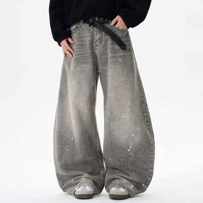 Korean Retro Vintage Gray Splashed Ink Design Jeans MenS Street Baggy Pants Casual HipHop Pants Y2k Jeans Y251105