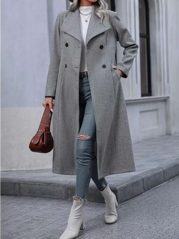 Women's Autumn Winter Woolen Coat Fashion Casual Turn-Down Collar Double-Breasted Windproof Long Slim-Fit Jacket For Women B5