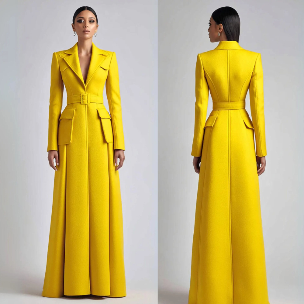 Women Bright Yellow Long Coat Customized Slim Fit Formal Business Blazer Coat For Lady Evening Party Prom Warm Wear One Piece