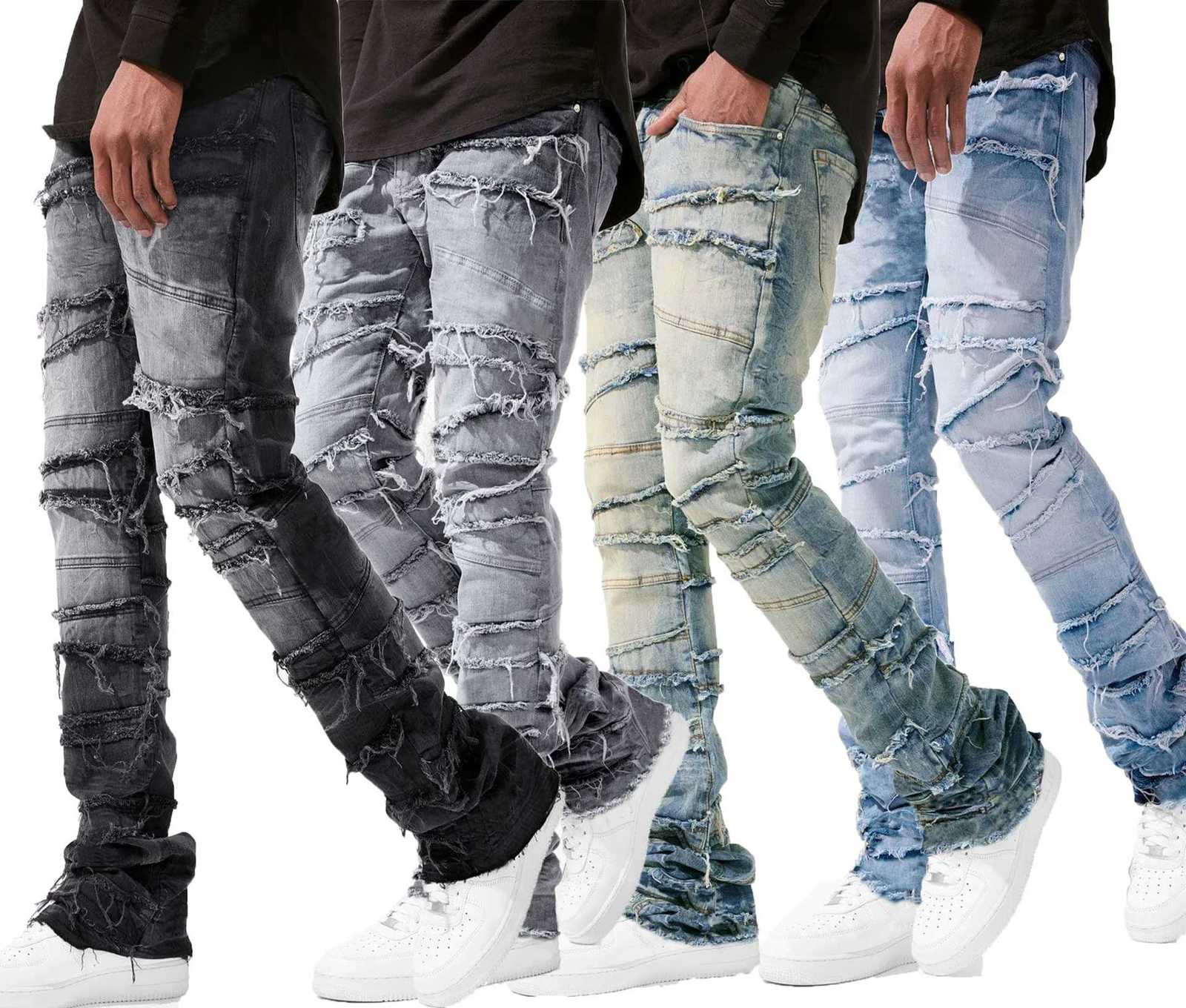 Mens Casual Distressed Jeans Tassels Patchwork Design Slim Fit Solid Color Stretch Denim Pants Straight Leg Streetwear Trousers Y251105