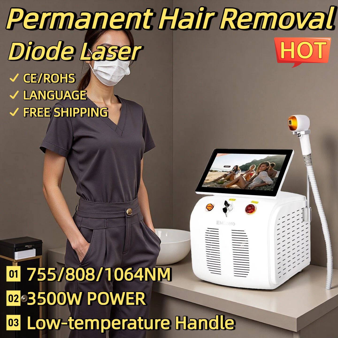 Portable High Power Ice Cooling Triple Laser 755 808 1064 Device Diode Laser 3 Wavelength Painless 808nm Hair Removal Machine