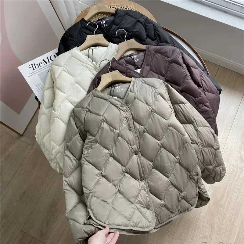 2025 New Autumn Winter Ultra Light Collarless Soft Puffer Jacket Women Casual Loose Single Breasted 90 Duck Down Coat female W251016