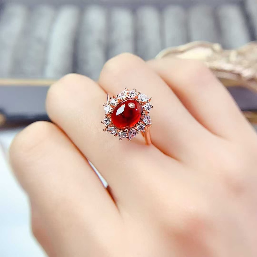 Cabochon garnet ring real 925 silver gemstone jewelry with 18K gold plating 7mm*9mm natural garnet ring with certificate