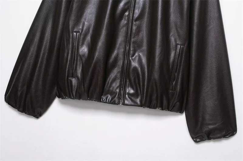 Womens Jacket New Fall 2025 Dark Brown LongSleeved Faux Leather Bomber Jacket Casual Fashion Simple PersonalityT251017