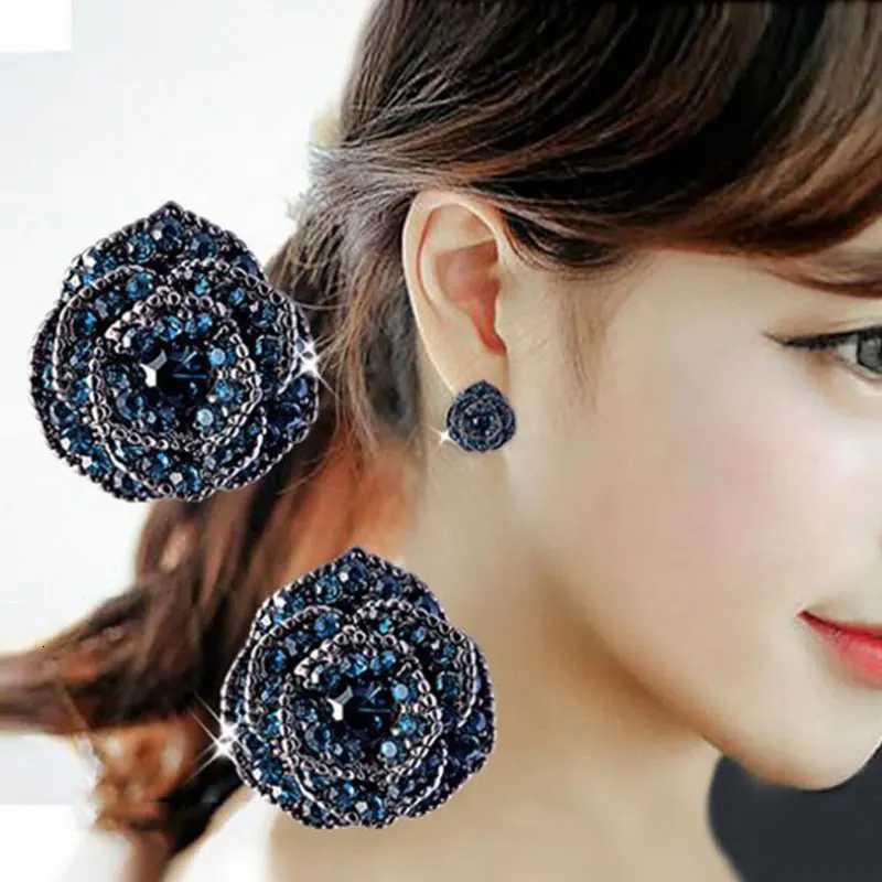 Luxurious Blue Rhinestone Rose Flower Vintage Earrings Women Red Camellia Ear Stud Earring Chic Jewelry WholesaleL251017