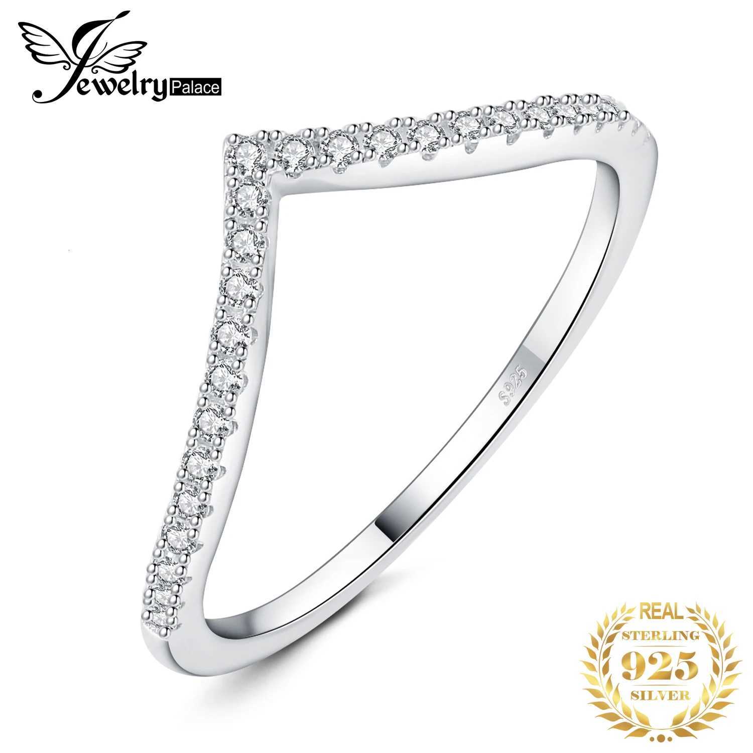 JewelryPalace 5A CZ V Half Eternity Stakable 925 Sterling Silver Wedding Band Ring for Woman Anniversary Gift Fine JewelryW251017