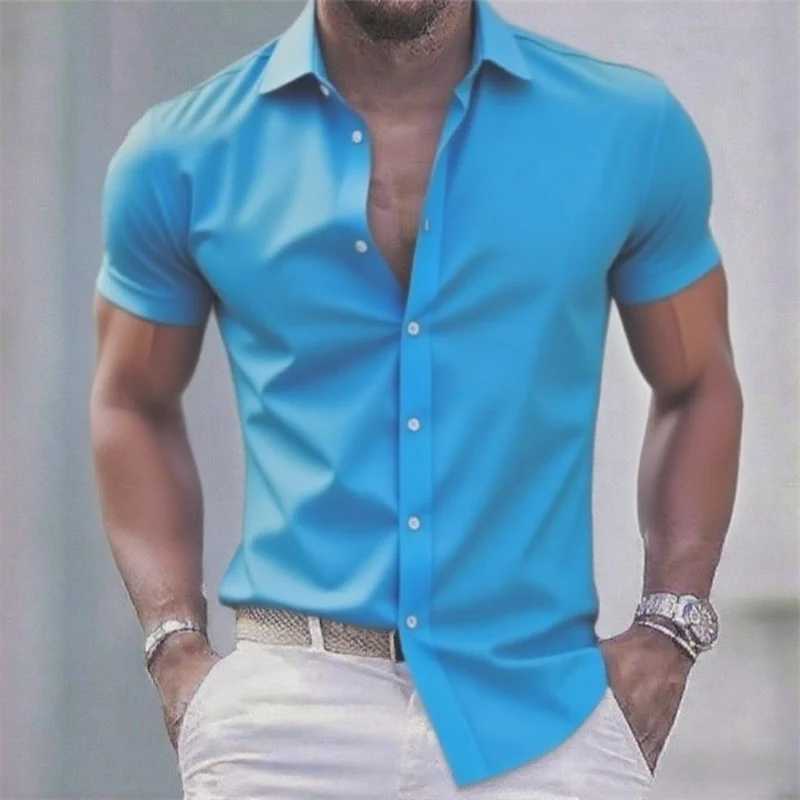 Solid color mens casual shirt fashionable casual short sleeve stretch fabric business formal shirt comfortable fabric J251017