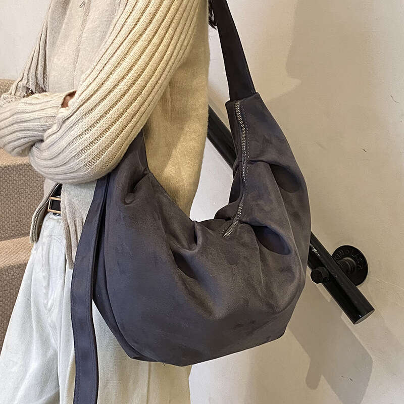 Fashion Suede Texture Pleated Tote for Women Casual Lazy Style Versatile Commuter Crossbody Bag